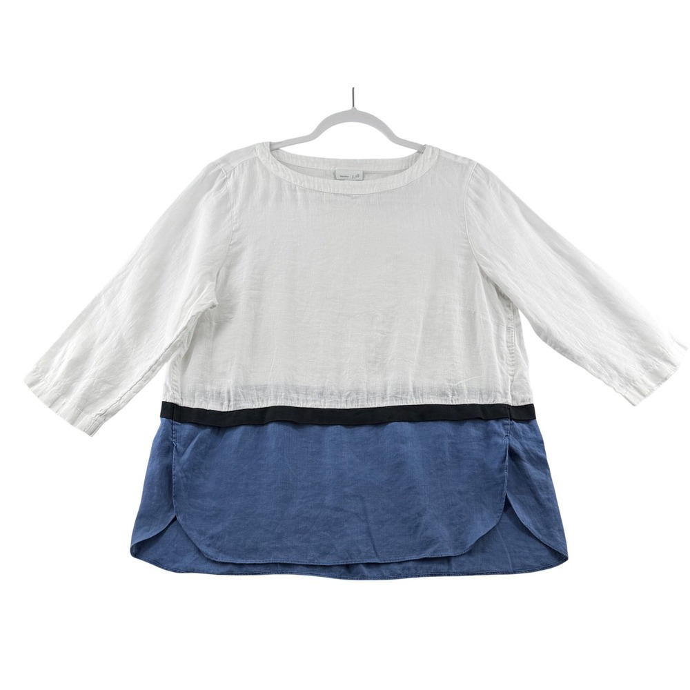 J. Jill Love Linen 100% Linen Colorblock Tunic Top Womens Medium White Blue